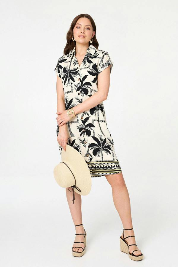 Black | Tropical Cap Sleeve Knee Length Dress