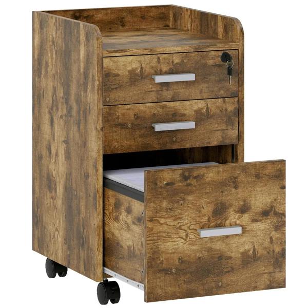 Rustic brown rolling filing cabinet with lock, three drawers, open drawer on casters.
