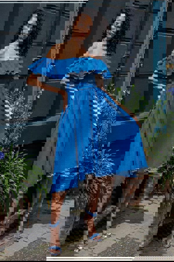 Denim Frilled Bardot High Low Dress - Blue Denim DR4165