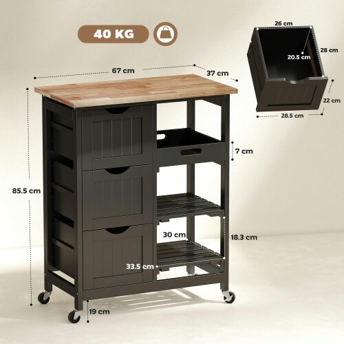 Wyld Haus Tovafi Wooden Black Compact Rolling Kitchen Island With Wood Top Shelves And Drawers