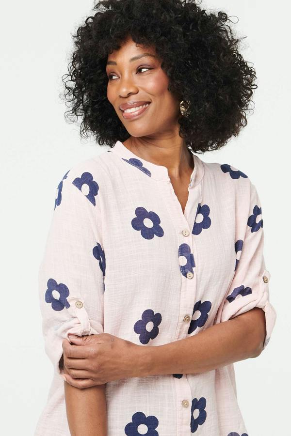 Pink | Floral 3/4 Sleeve Button Relaxed Blouse