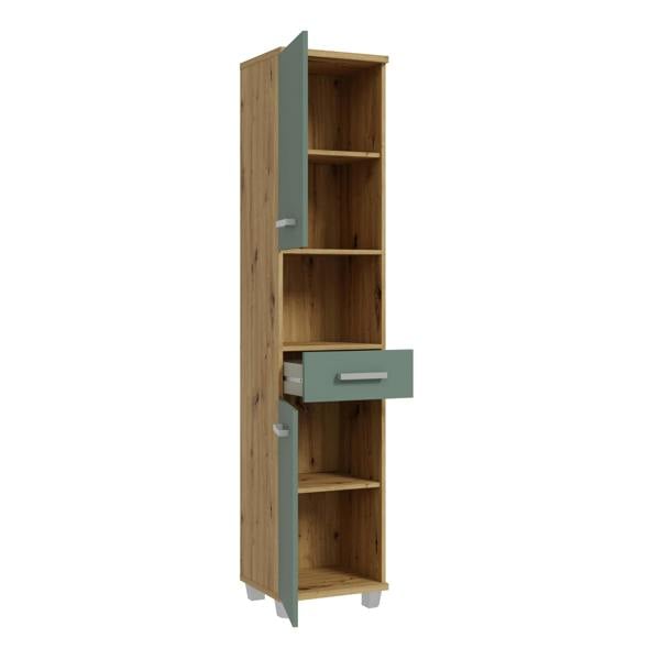 Furniture To Go Veris Tall Narrow Bathroom Cupboard with 2 Doors & 1 Drawer in Artisan Oak and Sage Green
