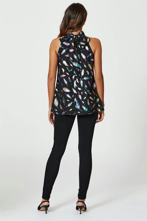 FS Collection Rainbow Leaf Foil Star Halter Neck Tie Back Top In Black
