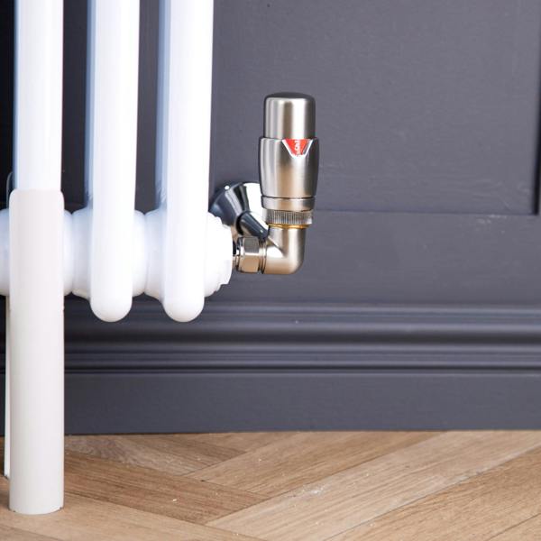 Flode Corner Round Thermostatic TRV & Lockshield 15mm x 1/2″ | Brushed Steel