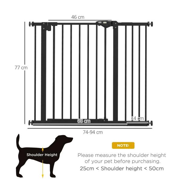 Black safety gate with measurement layout showing 74–94 cm width
