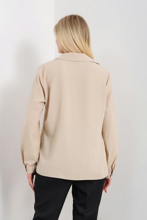 Hoxton Gal Oversized Long Sleeves Blouse Shirt with Button Details in Beige