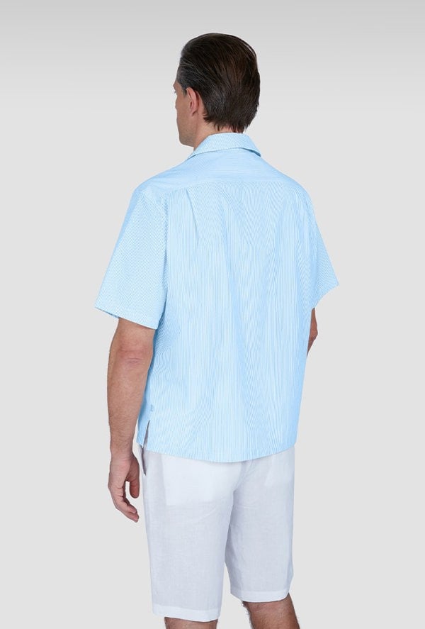 Paul & Shark Men's Riviera Seersucker Cotton Collar Hawaiian Short Sleeve Shirt - Blue