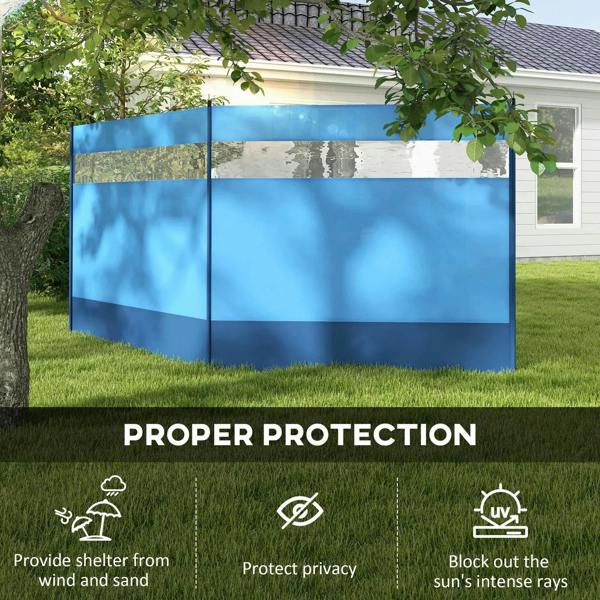 Blue camping windbreak screen with clear window panels and privacy fabric, set up outdoors