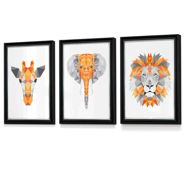 Artze Wall Art Framed Geometric set of 3 ORANGE Giraffe Lion Elephant