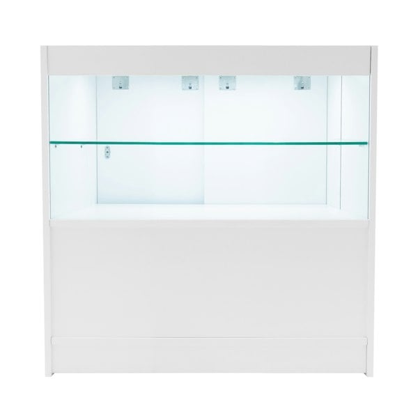LED Retail Shop Counter C900 in sleek white finish, featuring glass display shelves and bright interior lighting for optimal visibility