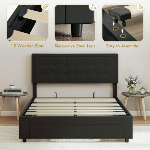 Wyld Haus Mora 4FT6 Double Ottoman Bed Frame with Front Divan Drawer Storage Black