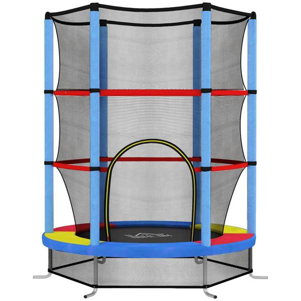 Kids trampoline with enclosure net, blue frame, gray safety mesh and colorful jumping mat