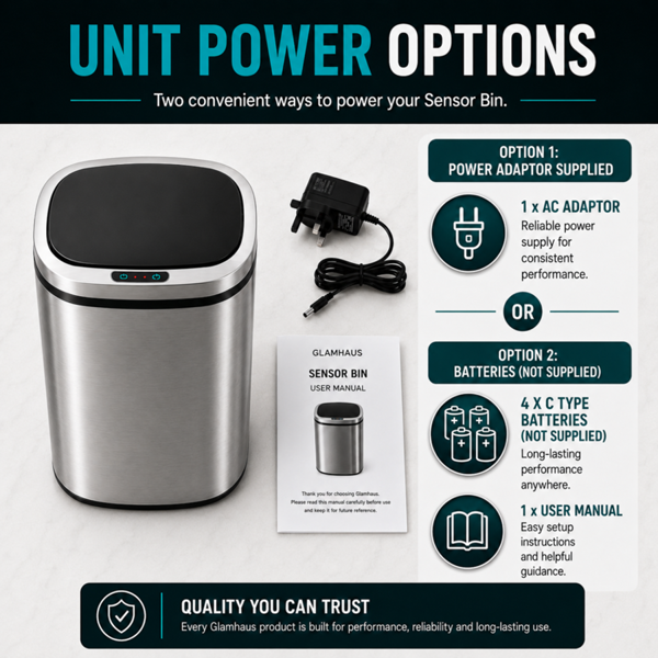 GlamHaus Sensor Bin, Motion Sensing 60L For Kitchen, Soft Close With Supplied Power Adaptor Or Battery Operated