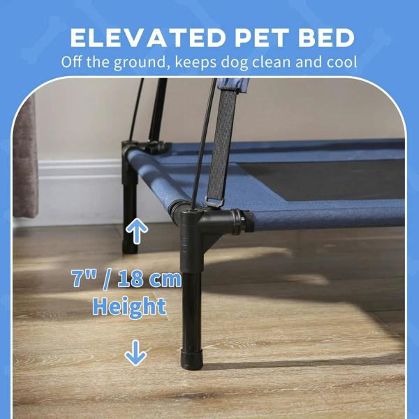 Raised blue pet bed with canopy and elevated legs, off-the-ground platform