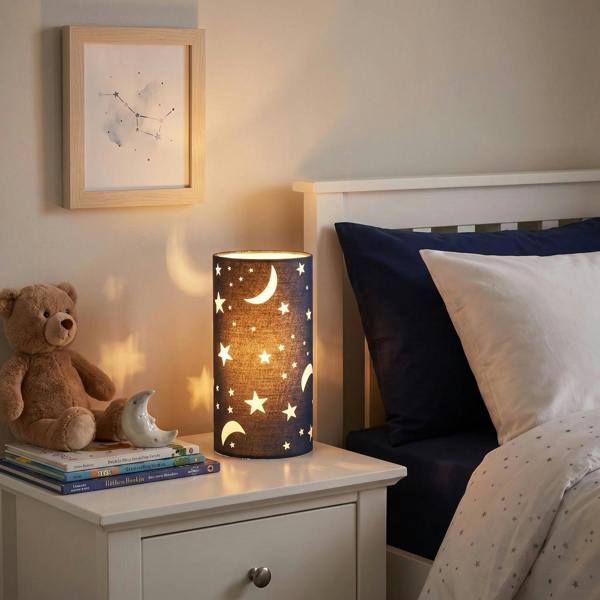 Modern Stars and Moons Children/Kids Midnight Blue Cotton Table Lamp Image 6