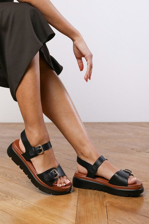 Where's That From Allison Chunky Buckle Strap Sandal in Tan Faux Leather