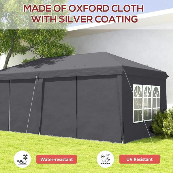 Grey pop-up gazebo with straight sidewalls and window panel on one side