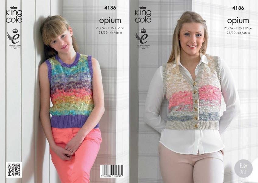 King Cole Opium Knitting Pattern 4186, Waistcoats, Tops, Slipovers for Women, 28 - 46 Inches - Intermediate