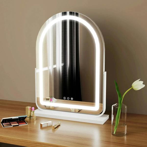 White arched LED vanity mirror (43x59cm) with lit border and stand base.