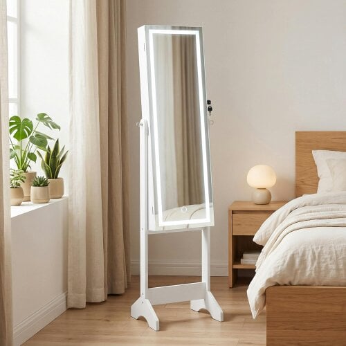 HOMCOM Mirror Jewelry Cabinet with LED Light, Mirror with Storage, White