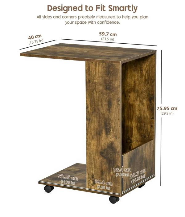 ADOV C Shaped Side Table with Wheels, Industrial Sofa End Table with Open Storage for Living Room and Bedroom