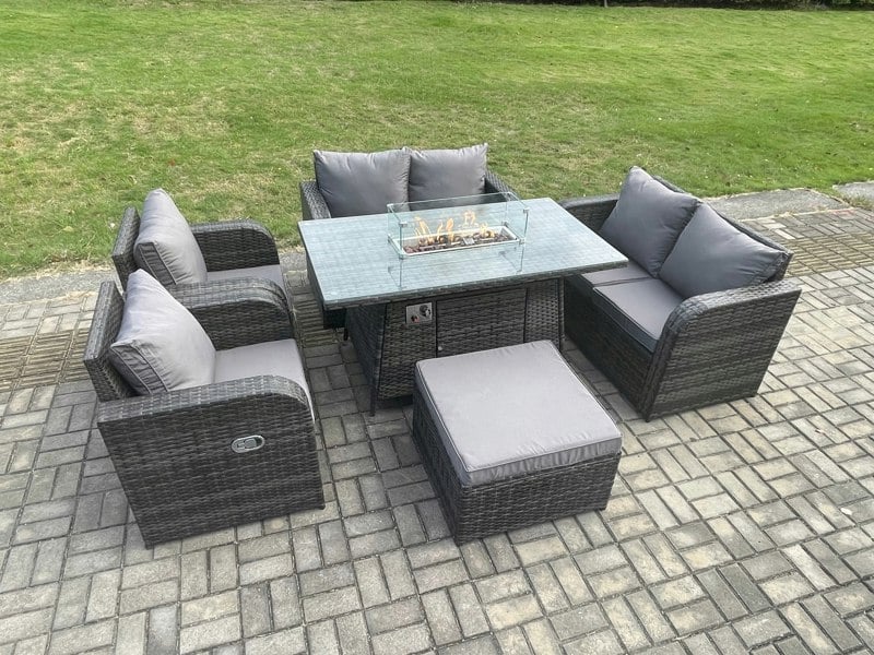 Fimous 7 Seater Rattan Garden Furniture Set Propane Gas Fire Pit Table and Sofa Chair set with Big Footstool