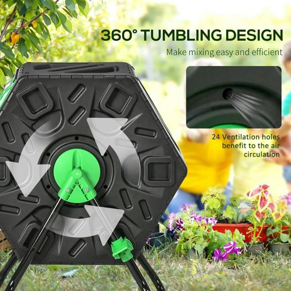 Green and black compost bin with vented lid panel and 24 ventilation holes