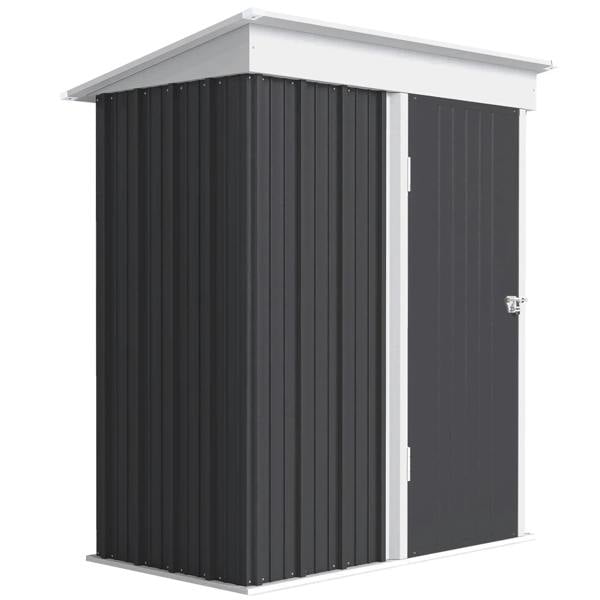 Dark grey metal garden shed with white trim and hinged door, lean-to style