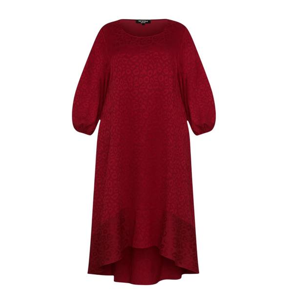 Red Burgundy Leopard Jacquard Dress with Bisphop Sleeves and  bottom flounce as a cut out from the front.