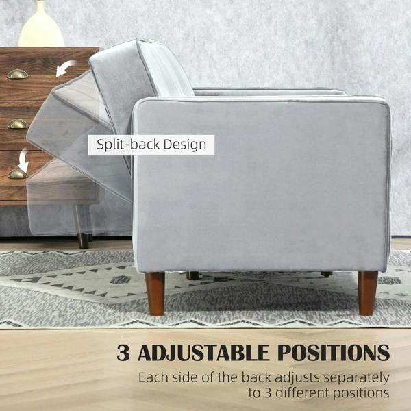 Light grey convertible loveseat sofa with padded split back design and adjustable positions