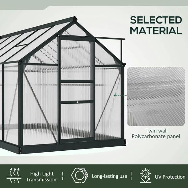 Grey greenhouse with clear twin-wall polycarbonate panels and sloped roof frame