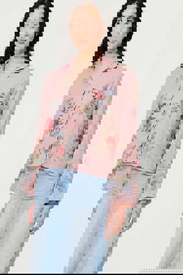 Pink | Floral 3/4 Turn-Up Sleeve Cropped Shirt