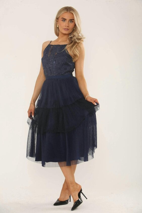Navy Lace & Mesh Tiered Midi Dress – Elegant Occasionwear - Navy