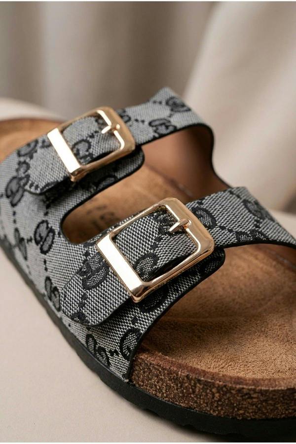 Tamsin Double Buckle Monogram Print Sliders - Black