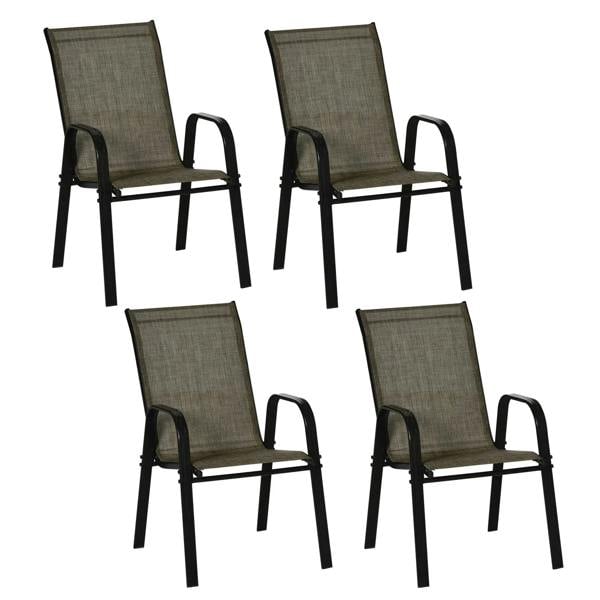 Set of four stackable mesh seat chairs in mixed brown with black metal frames