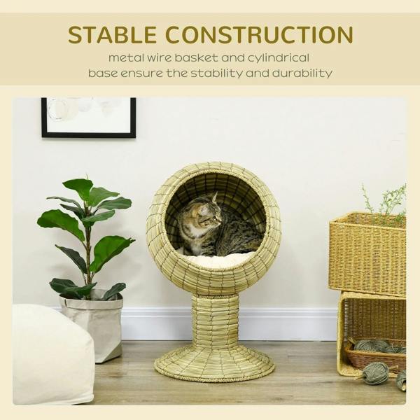 Stable natural yellow woven cat house bed with circular tunnel and cream cushion