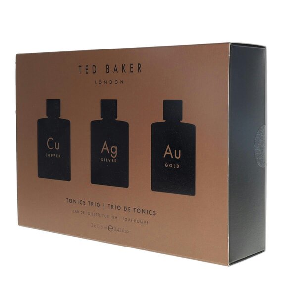 Ted Baker Tonics 3 Piece Mini Gift Set Cu Copper 12.5ml Eau de Toilette, Ag Silver 12.5ml Eau de Toilette, Au Gold 12.5ml Eau de Toilette for Him