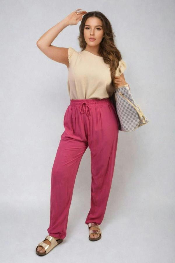 Matilda Drawstring High Waist Trouser With Side Pockets - Fuschia