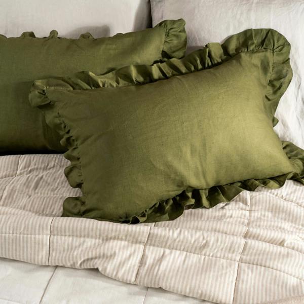 Olive Green French Linen Pillowcases bedroom detail 2 | Soak and Sleep