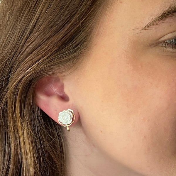 Ivory clip-on earrings, carved floral rose design, gold-tone scalloped trim, vintage inspired accessory, feminine and elegant jewellery
