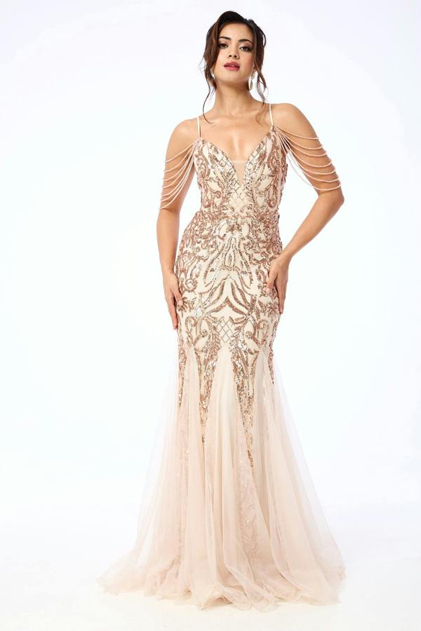 LuvForever Diora - Gold Jewelled Shoulder Sequin Maxi Dress