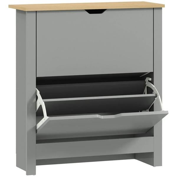 Light grey slim shoe cabinet with two flip drawers and adjustable interior shelves