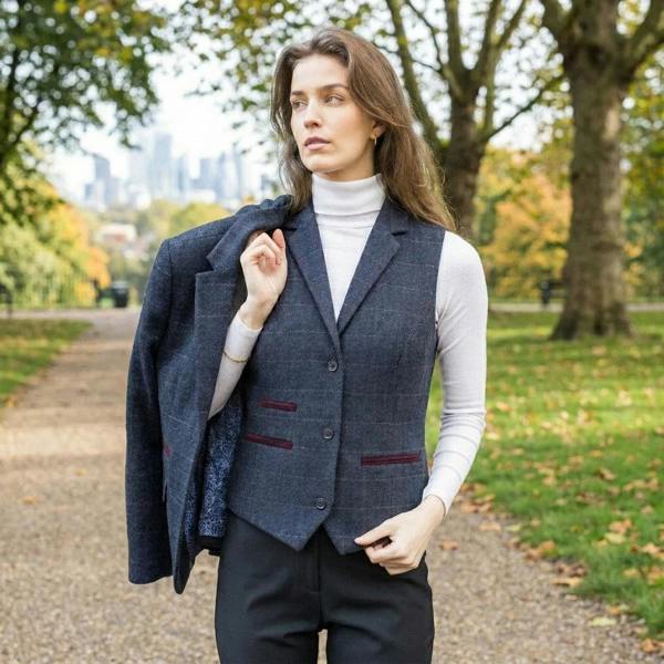TruClothing TPW-32 - Women's Navy Wool Blend Tweed Blazer Waistcoat