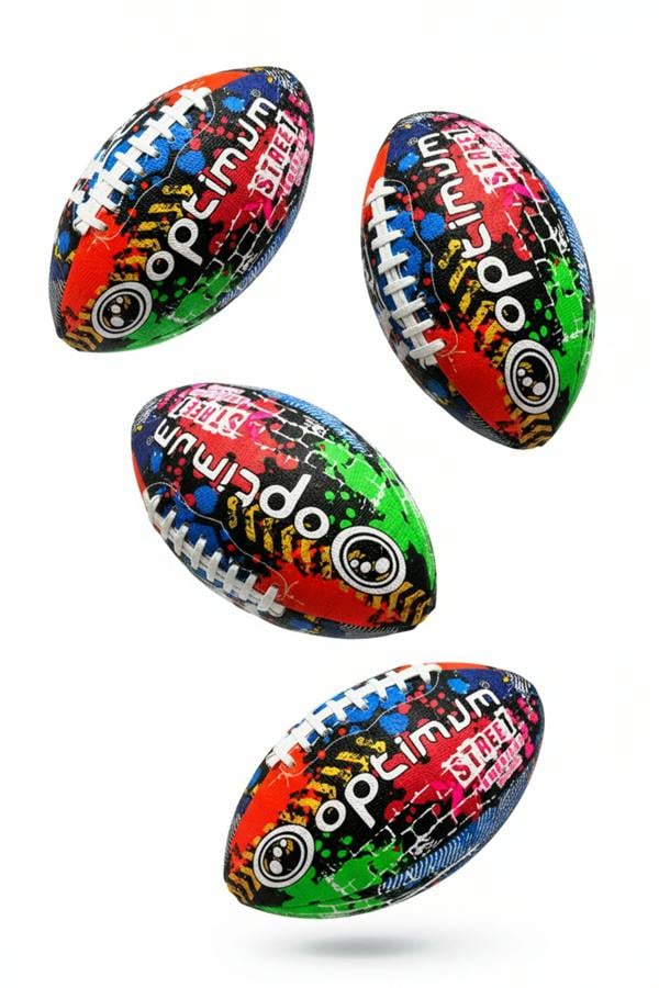 Four Optimum Street American footballs with graffiti print shown at different angles - Optimum