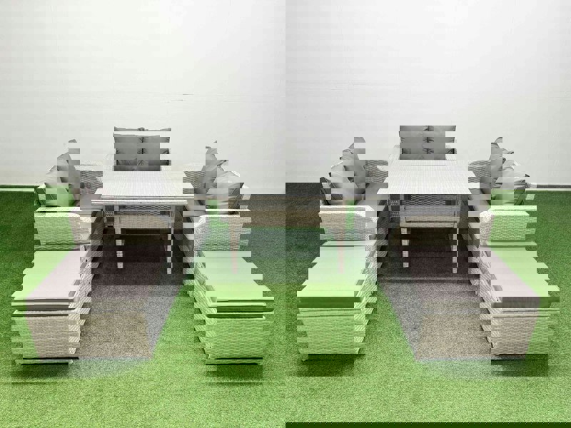 Fimous  8 Seater PE Wicker Rattan Furniture Sofa Sets with Rectangular Dining Table 2 Seater Love Sofa 2 Big Footstool Light Grey