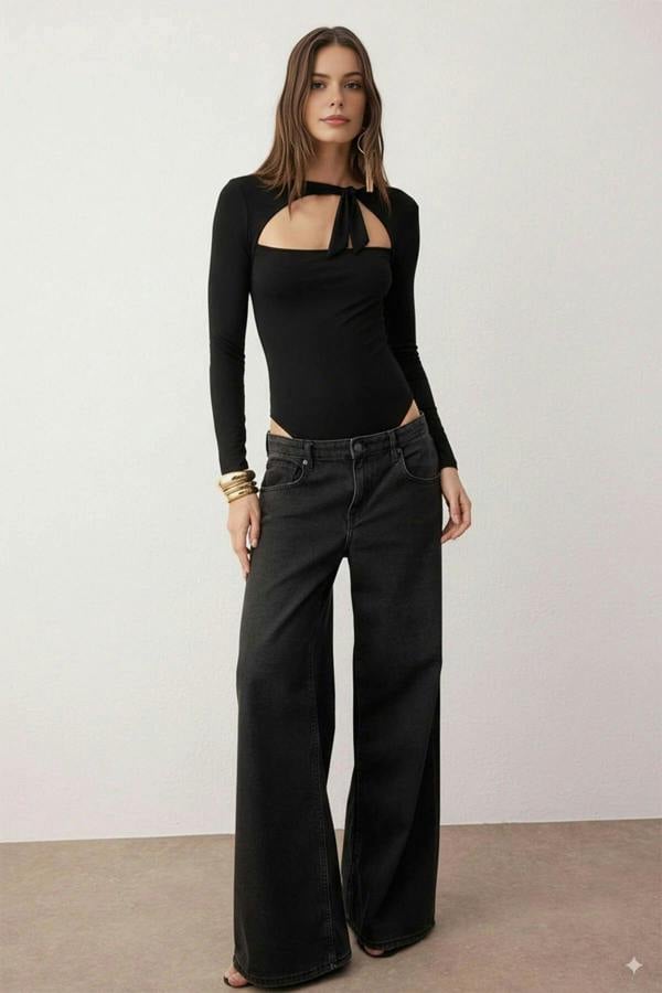 WOVCOR Asymmetrical Collar Knit Bodysuit with Tie Detail