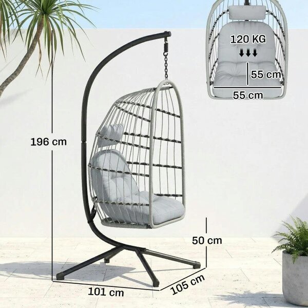Hanging Egg Chair, Indoor Outdoor Hammock Swing Chair with Stand, Safety Strap, Foldable Basket, Light Grey