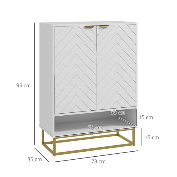 White shoe storage cabinet with chevron doors and open shelf, with labeled dimensions