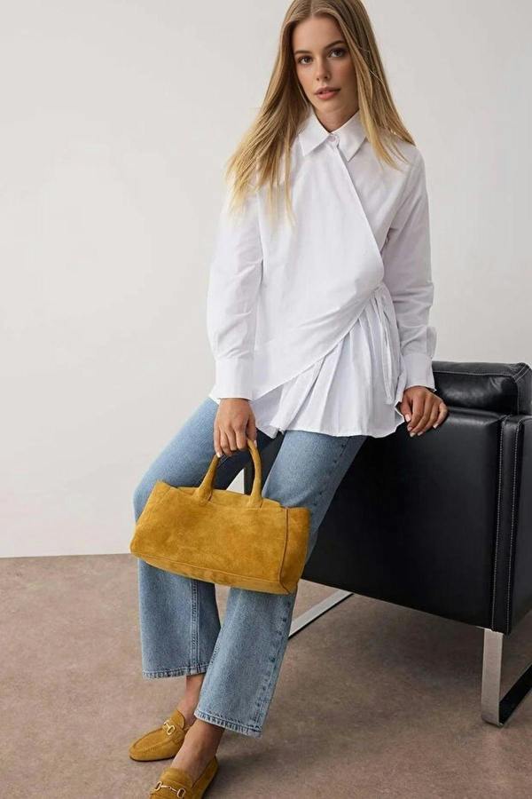 WOVCOR Double-Breasted Woven Shirt with  Pleated Detail