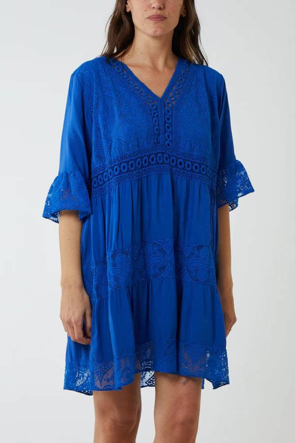 Hoxton Gal Oversized 3/4 Sleeves Lace Detailed V Neck Mini Dress in Royal Blue